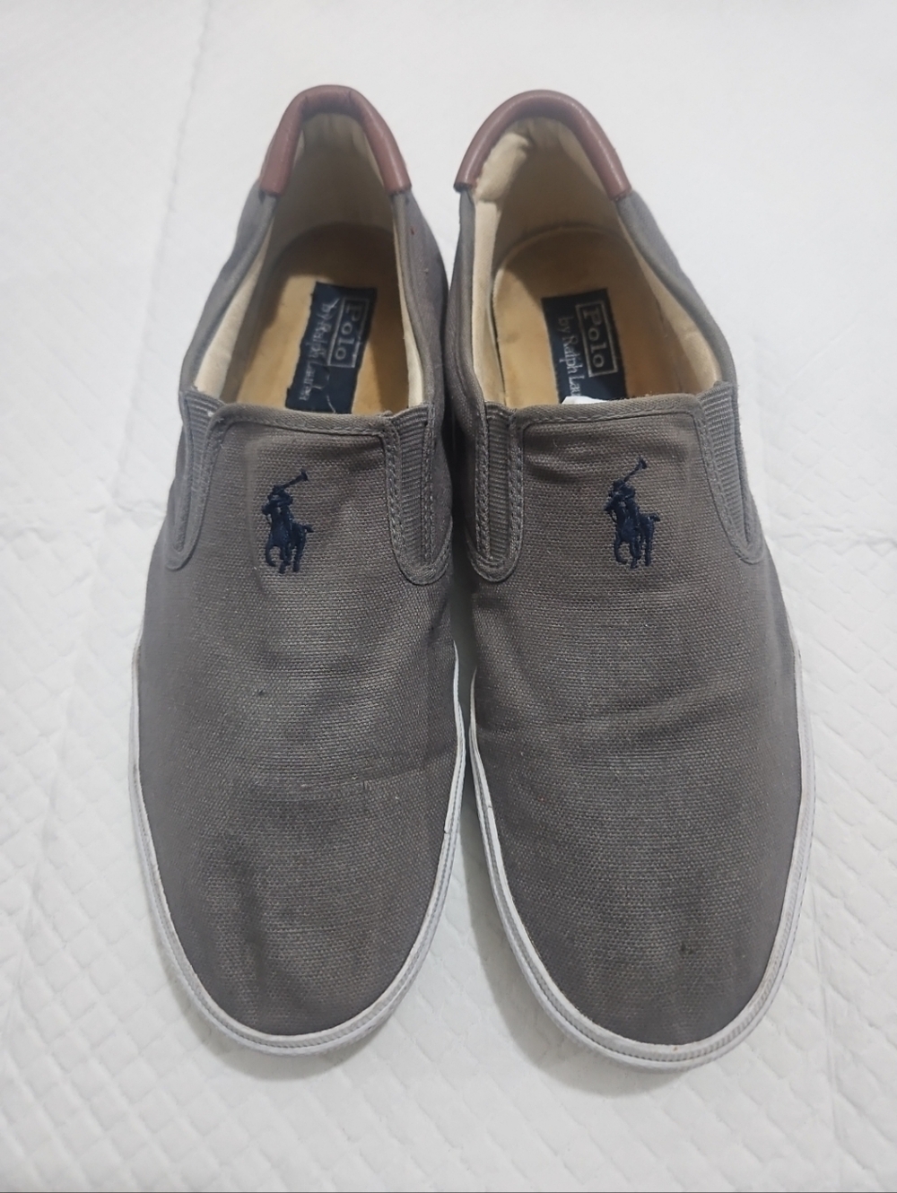Polo by Ralph Lauren Men's Gray Canvas Slip-On Loafers with Navy Logo Sz 11.5